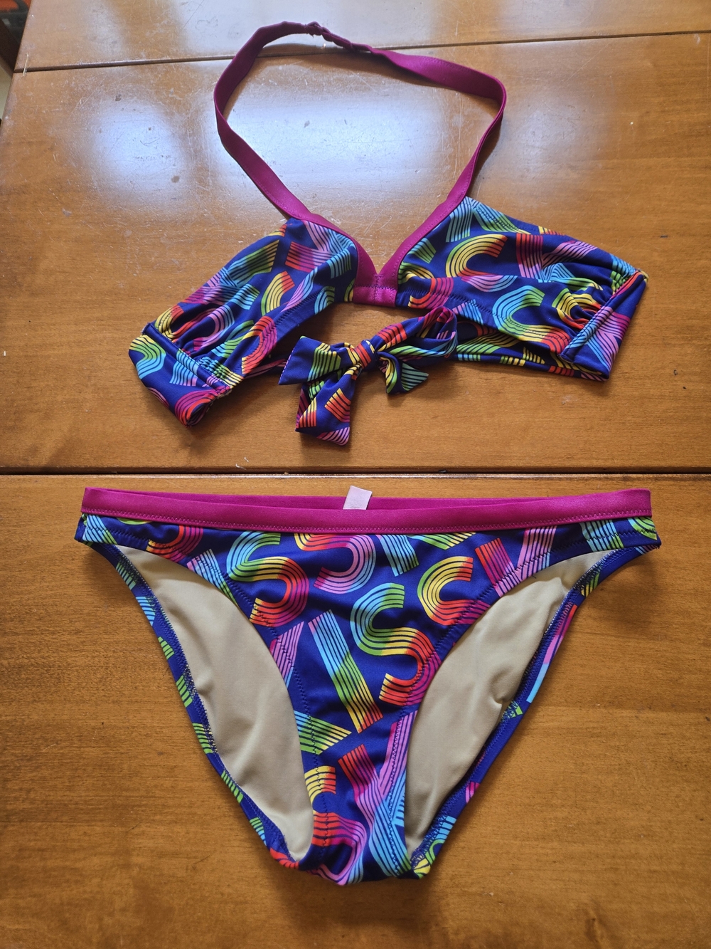 Victoria's Secret Multicolor Rainbow Script Bikini with Pink Trim